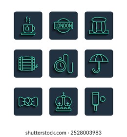 Set line Bow tie, British crown, Wood cricket bat and ball, Stonehenge, Watch with chain, Wooden barrel, Cup of tea tea bag and Umbrella icon. Vector