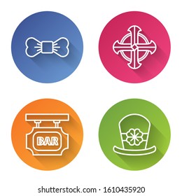 Set line Bow tie, Celtic cross, Street signboard with inscription Bar and Leprechaun hat and four leaf clover. Color circle button. Vector