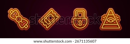 Set line Bow tie, Circus ticket, Open padlock and All-seeing eye of God. Glowing neon icon. Vector