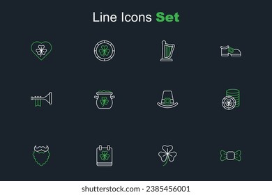 Set line Bow tie, Clover trefoil leaf, Saint Patricks day with calendar, Mustache and beard, Golden leprechaun coin, Leprechaun hat, Pot of gold coins and Trumpet icon. Vector