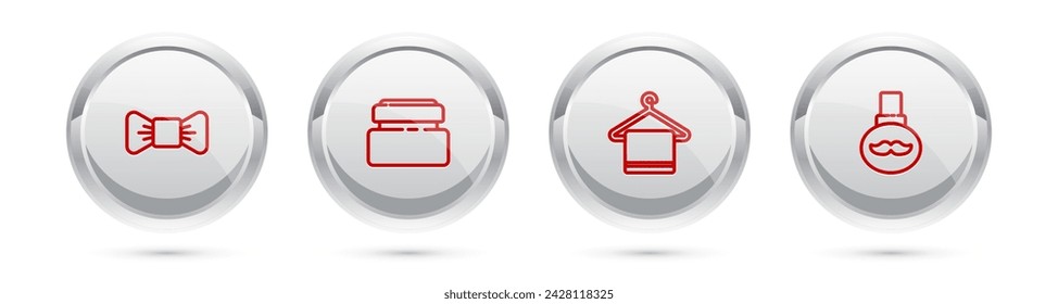 Set line Bow tie, Cream or lotion cosmetic tube, Towel hanger and Beard and mustaches care oil bottle. Silver circle button. Vector