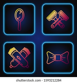 Set line Bow tie, Crossed electrical hair clipper or shaver, Hand mirror and Crossed shaving razor. Gradient color icons. Vector