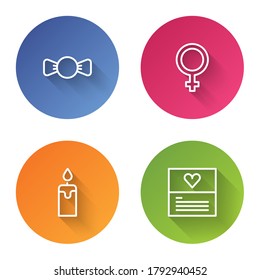 Set line Bow tie, Female gender symbol, Burning candle and Greeting card. Color circle button. Vector