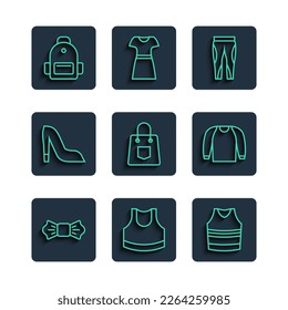 Set line Bow tie, Female crop top, Undershirt, Leggings, Handbag, Woman shoe, School backpack and Sweater icon. Vector