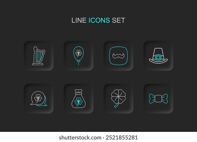 Set line Bow tie, Four leaf clover, Money bag with, Clover trefoil, Leprechaun hat, Mustache, Balloon and Harp icon. Vector