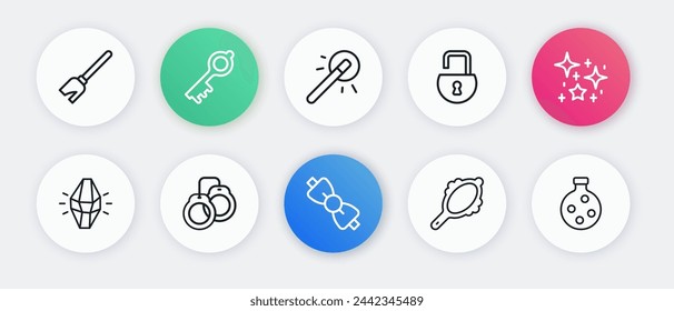 Set line Bow tie, Magical glitter particles, stone, hand mirror, Open padlock, wand, Bottle with potion and Handcuffs icon. Vector