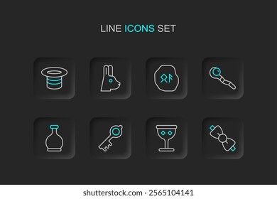 Set line Bow tie, Medieval goblet, Old magic key, Bottle with potion, Magic staff, runes, Rabbit ears and hat icon. Vector