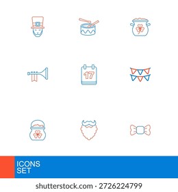 Pajarita, bigote y barba, olla de monedas de oro, guirnalda de carnaval con banderas, trompeta, calendario del día de San Patricio e icono de palos de tambor. Vector