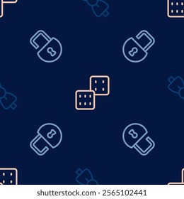 Set line Bow tie, Open padlock and Game dice on seamless pattern. Vector