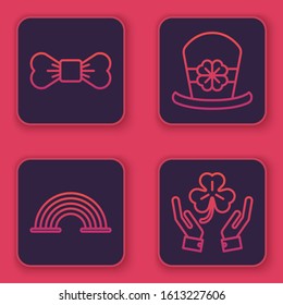 Set line Bow tie, Rainbow, Leprechaun hat and four leaf clover and Human hands holding four leaf clover. Blue square button. Vector