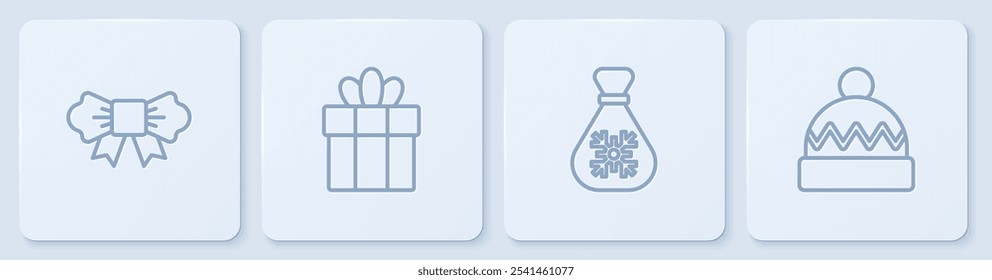 Set línea Pajarita, bolsa de regalo de Santa Claus, caja de regalo y sombrero de invierno. Botón cuadrado blanco. Vector