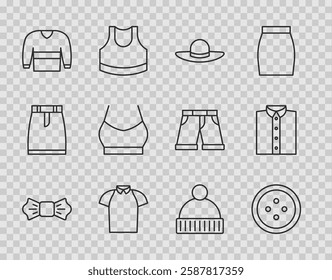 Set line Bow tie, Sewing button for clothes, Elegant women hat, Polo shirt, Sweater, Female crop top, Beanie and Shirt icon. Vector