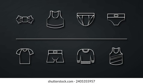 Set line Bow tie, T-shirt, Men underpants, Sweater, Female crop top, Undershirt and  icon. Vector