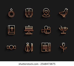 Set line Bow tie, Violin, Male gender symbol, Marriage contract, Flower rose, Cake plate, Cocktail and Cinema camera icon. Vector