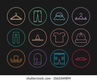 Set line Bow tie, Winter hat, Elegant women, Gardener worker, Pants, Hanger wardrobe, T-shirt and  icon. Vector