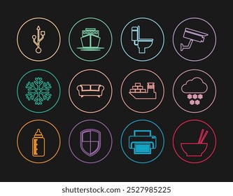 Set line Bowl with chopsticks, Cloud snow, Toilet bowl, Sofa, Snowflake, USB, Cargo ship and Ship icon. Vector