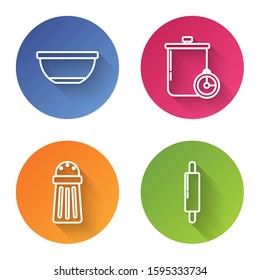 Set line Bowl , Cooking pot and kitchen timer , Salt  and Rolling pin . Color circle button. Vector