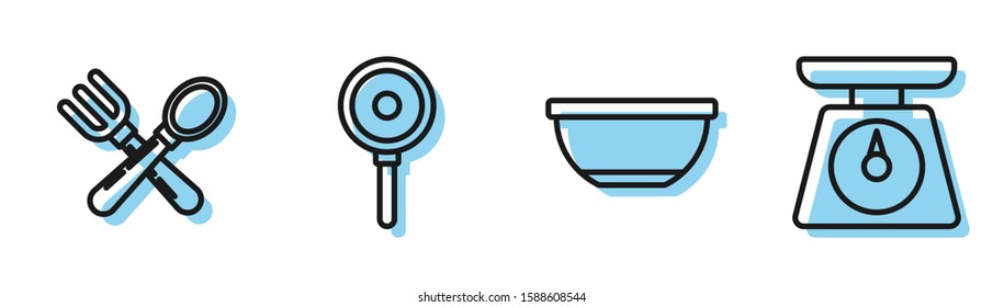Set line Bowl , Crossed fork and spoon , Frying pan  and Scales  icon. Vector
