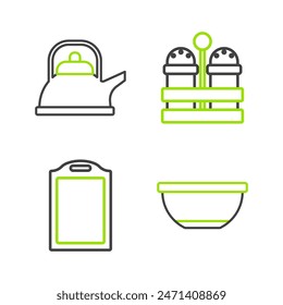 Set line Bowl, Cutting board, Salt and pepper and Kettle with handle icon. Vector