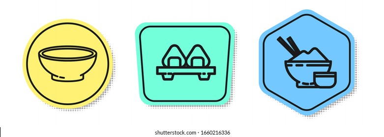 Set line Bowl of hot soup, Sushi on cutting board and Rice in a bowl with chopstick. Colored shapes. Vector