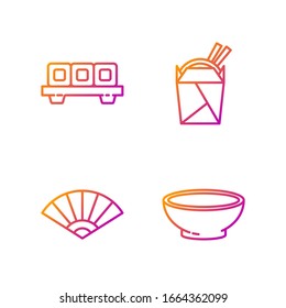 Set line Bowl of hot soup, Paper chinese or japanese folding fan, Sushi on cutting board and Asian noodles in paper box and chopsticks. Gradient color icons. Vector