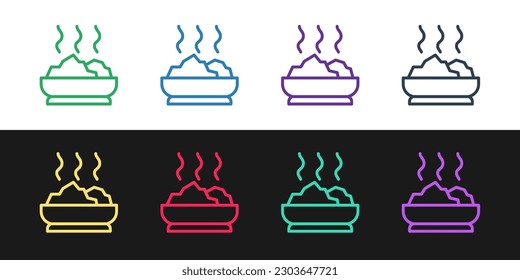 Set line Bowl of hot soup icon isolated on black and white background.  Vector