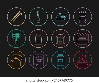 Set line Bowl of hot soup, Oven, Covered with tray food, Grater, Barbecue steel grid, Food chopsticks, Manual coffee grinder and Kitchen ladle icon. Vector