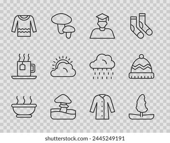 Set line Bowl of hot soup, Tree, Graduate and graduation cap, Mushroom, Sweater, Sun cloud weather, Raincoat and Winter hat icon. Vector