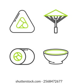 Set line Bowl of hot soup, Sushi, Japanese umbrella from the sun and  icon. Vector