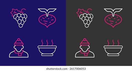 Set line Bowl of hot soup, Autumn clothes, Beet and Grape fruit icon. Vector