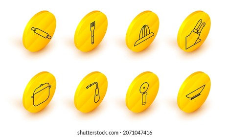 Set line Bowl, Pizza knife, Long electric lighter, Cooking pot, Knife, Citrus fruit juicer, Fork and Rolling pin icon. Vector
