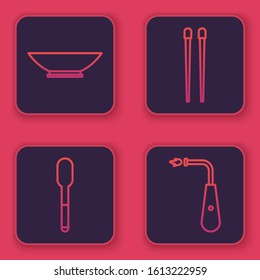 Set line Bowl, Spoon, Food chopsticks and Long electric lighter. Blue square button. Vector