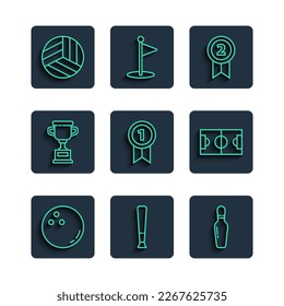 Set line Bowling ball, Baseball bat, pin, Medal, Award cup, Volleyball and Football or soccer field icon. Vector