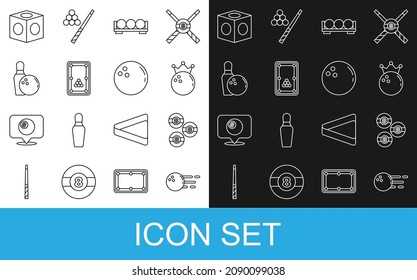 Set line Bowling ball, Billiard, balls on stand, table, pin, chalk and  icon. Vector