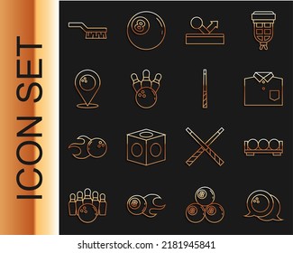 Set line Bowling ball, Billiard balls on stand, shirt, pin, Location with bowling, Pool table brush and cue icon. Vector