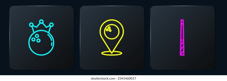 Set line Bowling ball, Billiard cue and Location with bowling. Black square button. Vector