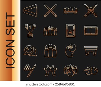 Set line Bowling ball, Billiard table, balls on stand, pin, Award cup, triangle and  icon. Vector