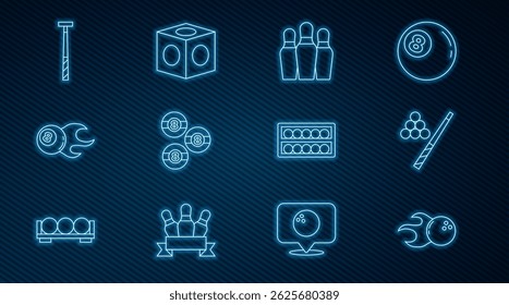 Definir linha Bola de boliche, deixa de bilhar e, pin, bolas em pé e ícone de giz. Vetor