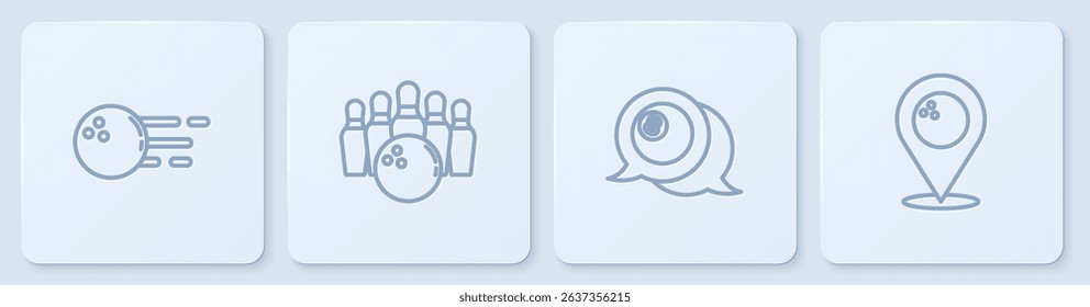 Set line Bowling ball, Billiard, pin and and Location with bowling. White square button. Vector