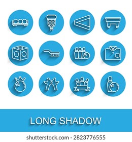 Set line Bowling ball, Billiard rest, balls on stand, pin, Pool table brush, shirt and  icon. Vector