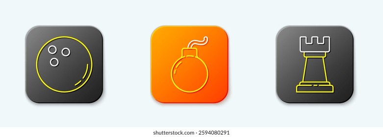 Set line Bowling ball, Bomb ready to explode and Business strategy icon. Vector