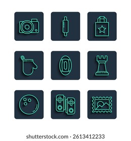Set line Bowling ball, Gamepad, Postal stamp, Paper shopping bag, American Football, Oven glove, Photo camera and Business strategy icon. Vector