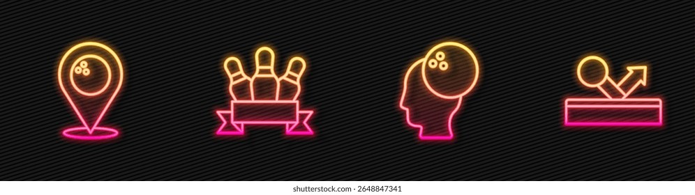 Set line Bowling ball, Location with bowling, pin and Billiard. Glowing neon icon. Vector