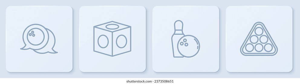 Set line Bowling ball, pin and, Billiard chalk and balls rack triangle. White square button. Vector