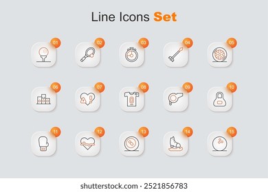 Set line Bowling ball, Skates, Billiard pool snooker, Heart rate, Boxing glove, Weight, Whistle and Football jersey and t-shirt icon. Vector