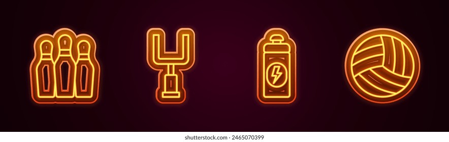 Set line Bowling pin, American football goal post, Fitness shaker and Volleyball. Glowing neon icon. Vector