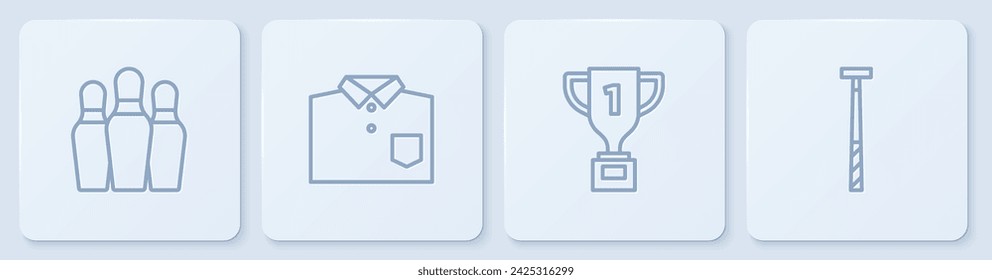 Set line Bowling pin, Award cup, shirt and Billiard cue. White square button. Vector