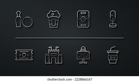 Set line Bowling pin and ball, Ticket, Tree, Magic on table, Castle, Popcorn box, Paper glass with water and Hockey icon. Vector