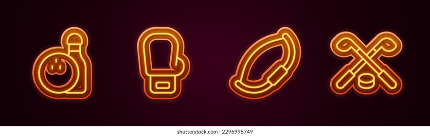 Set line Bowling pin and ball, Boxing glove, Medieval bow and Ice hockey sticks puck. Glowing neon icon. Vector