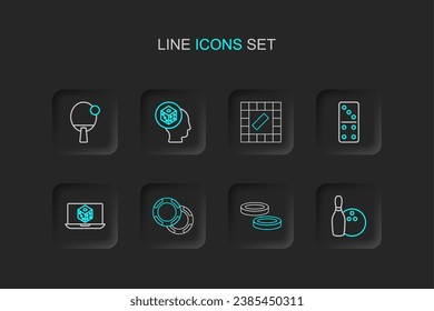 Set line Bowling pin and ball, Checker game chips, Casino, Game dice, Domino, Board,  and Racket icon. Vector